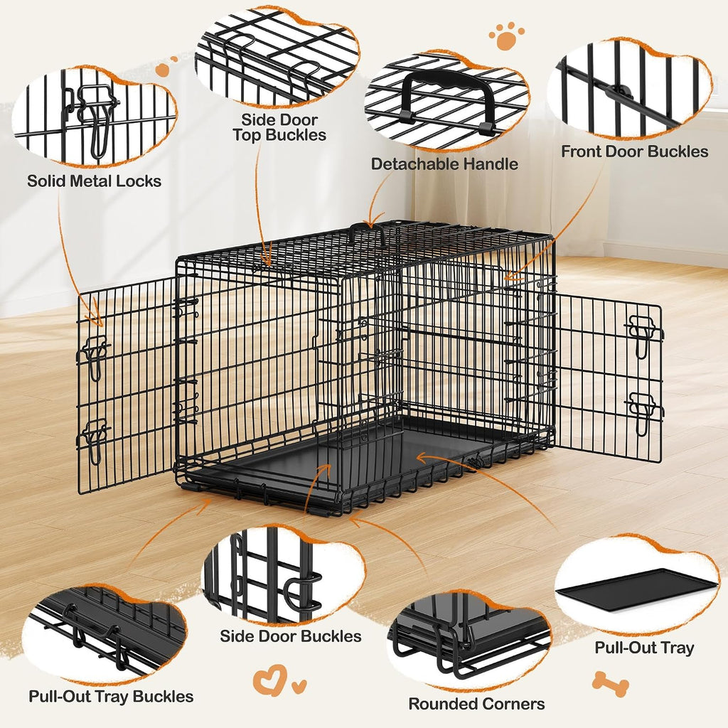 Yaheetech 42inch Double Door Dog Crate w/Divider, Collapsible Metal Kennel | Heavy-duty Sturdy Metal Frame, Easy Assemble, Fold Up for Travel, Removable Tray, Ideal for Puppies, Medium to Large Dogs