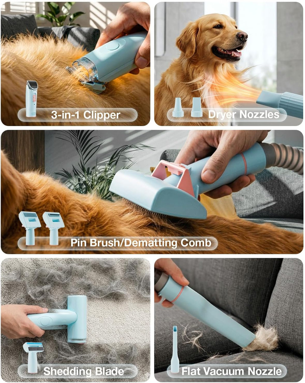PETGUGU Dog Grooming Vacuum, Dog Vacuum with 7‑in‑1 Clipper, Dog Vacuum for Shedding Grooming, Deshedding Brush,3‑Speed Adjustable & Temp Control Blower,2.5L Dust Cup,Reduces Flying Hair,Easy cleanup