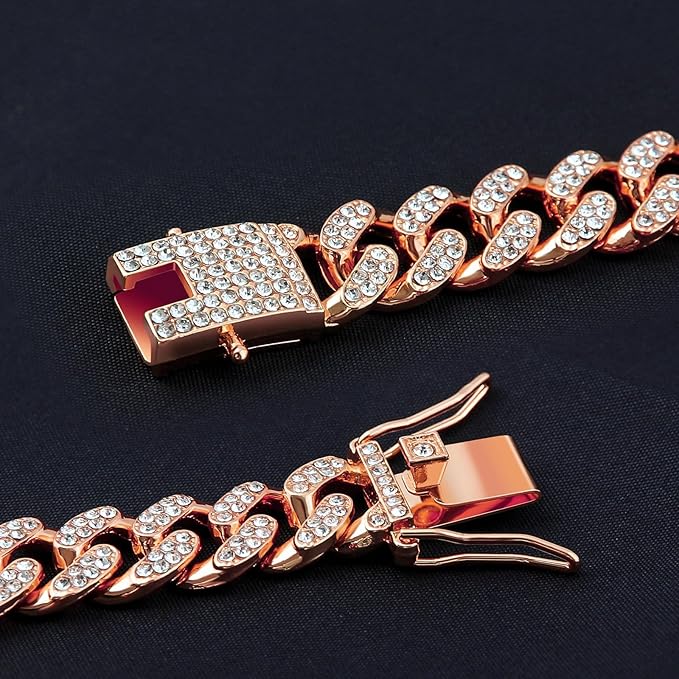 Cuban Link Dog Chain Collar Rose Gold Crystal Dog Necklace Metal with Design Secure Buckle Pet Collar Jewelry Accessories for Small Medium Large Dogs Cats(Rose Glod 22inch)