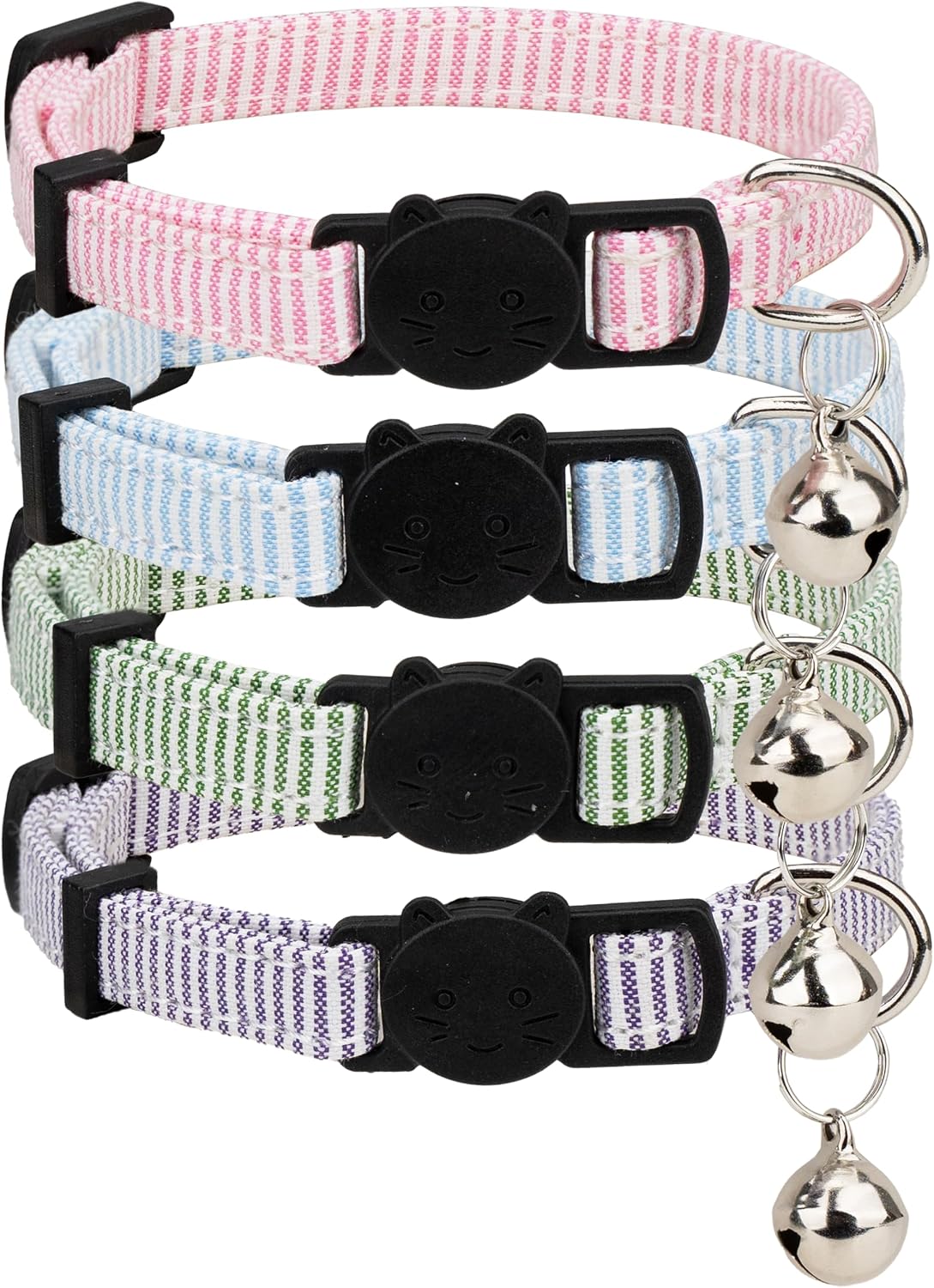 Cat Collar 4pcs Set Safety Breakaway with Bell Kitten 7-11" Multi Pack Cute Girl Boy Pet Basic Adjustable [4pcs] Pinstripe