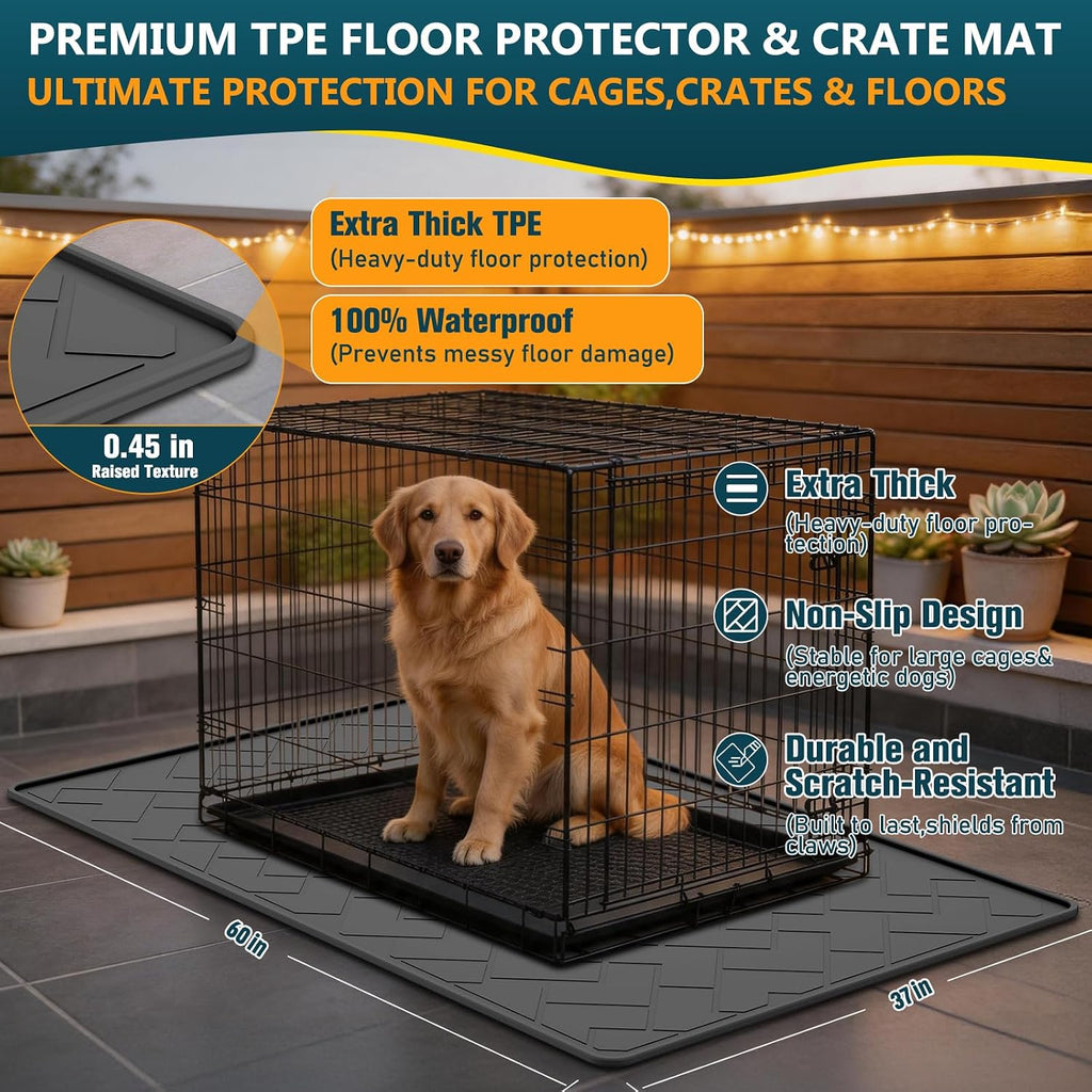 60"×37" Extra Large Mat for Under Dog Crate with Raised Edge, Waterproof Leakproof Easy Clean Non Slip Floor Protector, Reusable Washable Kennel Mat for Large Dogs