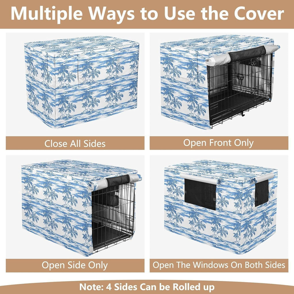 Blue and White Tropical Palm Crate Covers for Dogs Privacy Wire Cage Cover Dog Crate Curtains 48 Inch