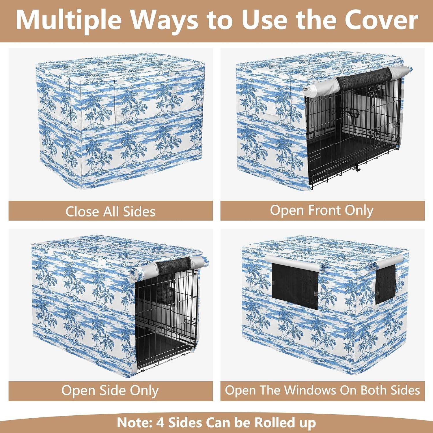 Blue and White Tropical Palm Crate Covers for Dogs Privacy Wire Cage Cover Dog Crate Curtains 48 Inch