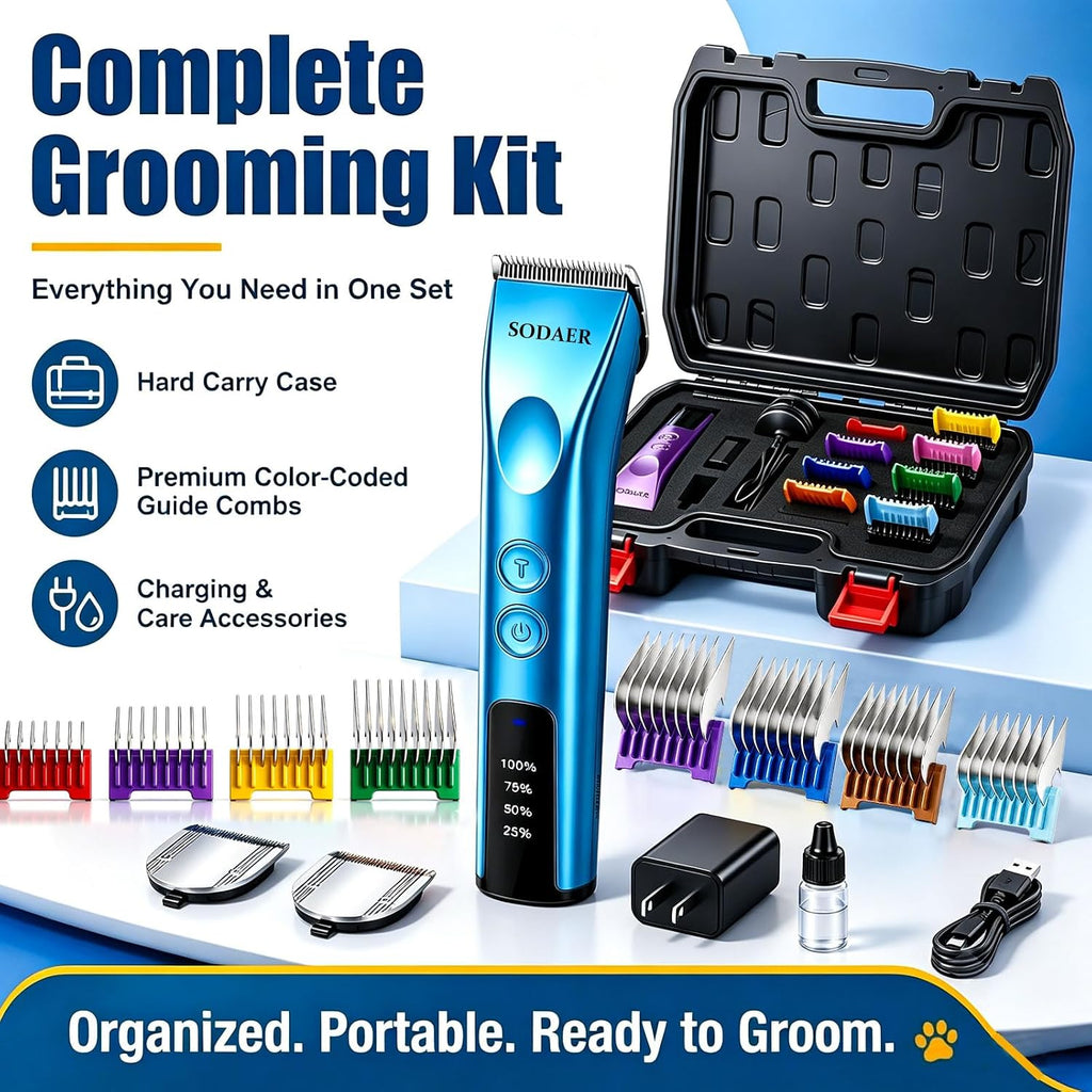 Professional Dog Grooming Clippers, Cordless Pet Hair Clipper | with Guide Combs & Replaceable Blades, Rechargeable Low Noise Dog Hair Trimmer for Horse ,with Storage Tool Box,Blue