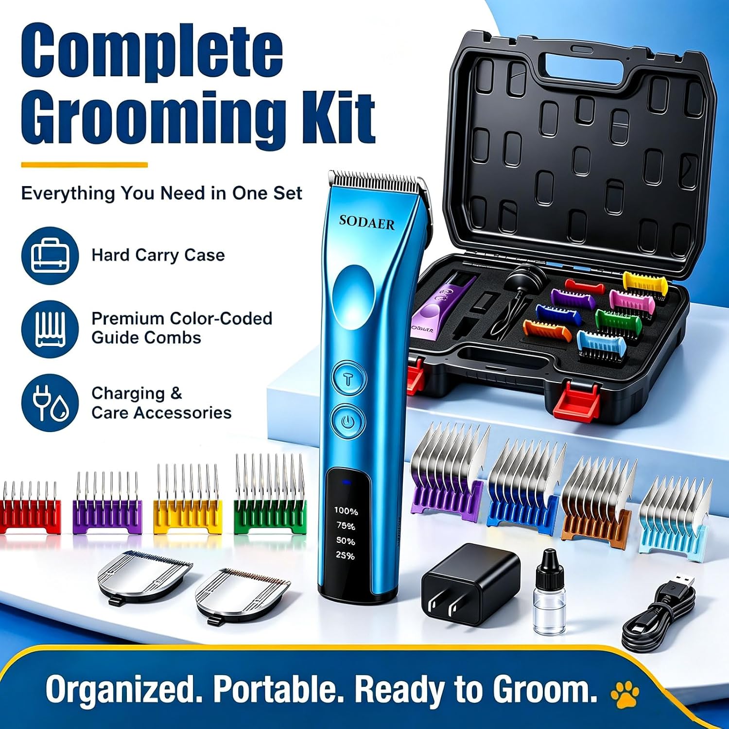 Professional Dog Grooming Clippers, Cordless Pet Hair Clipper | with Guide Combs & Replaceable Blades, Rechargeable Low Noise Dog Hair Trimmer for Horse ,with Storage Tool Box,Blue