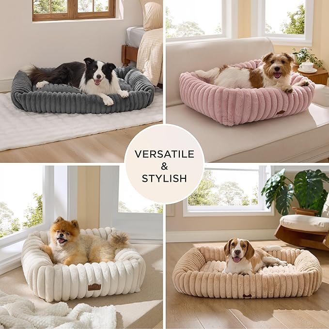 Bedsure ComfyFleece™ Cute Dog Beds Large Sized Dog - Washable Furry Pet Beds, Rectangle Orthopedic Corduroy Fleece Puppy Beds with Removable Zipper Cover, 25x21x7 inches,Night Blue