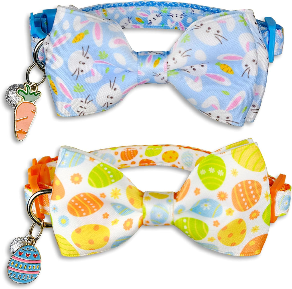 Easter Cat Collar with Bow Tie 2 Pack Adjustable Breakaway Safety Collars, Bunny and Easter Egg Patterns, Soft Nylon for Small & Medium Cats