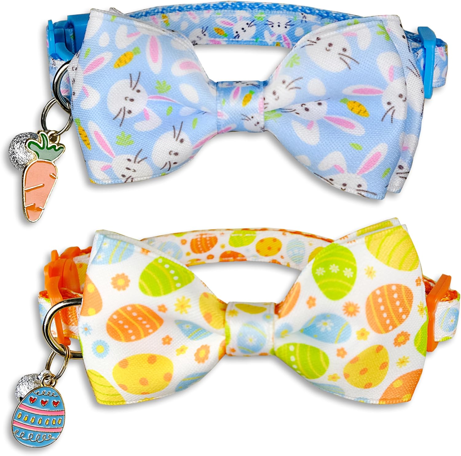 Easter Cat Collar with Bow Tie 2 Pack Adjustable Breakaway Safety Collars, Bunny and Easter Egg Patterns, Soft Nylon for Small & Medium Cats