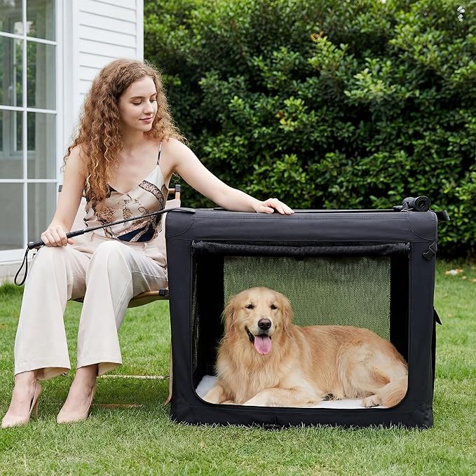 Dog Travel Crate 42 Inch, Portable Soft-Sided Travel Carriers for Dogs and Cats, Foldable Pet Kennel with 3-Doors Mesh Windows Indoor & Outdoor, Black