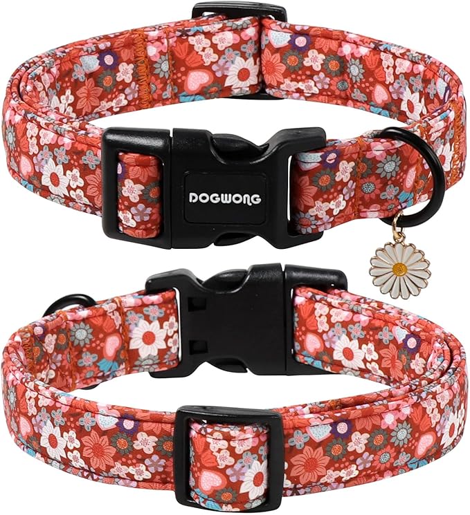 DOGWONG Red Flower Dog Collar, Cute Adjustable Floral Collar, Girl Female Dog Collar with Strong Plastic Buckle for Small Medium Large Dogs,S