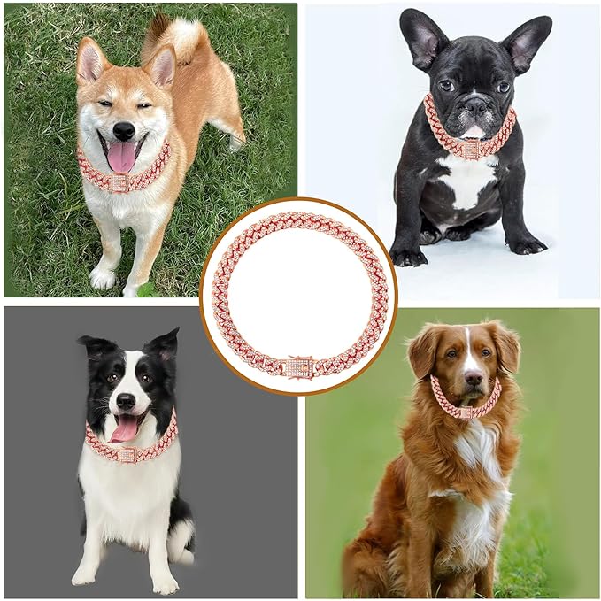 Dog Collar Cuban Link Rose Glod Crystal Dog Necklace Metal Chain Collar with Design Secure Buckle Pet Collar Jewelry Accessories for Small Medium Large Dogs Cats(Rose Glod 16inch)