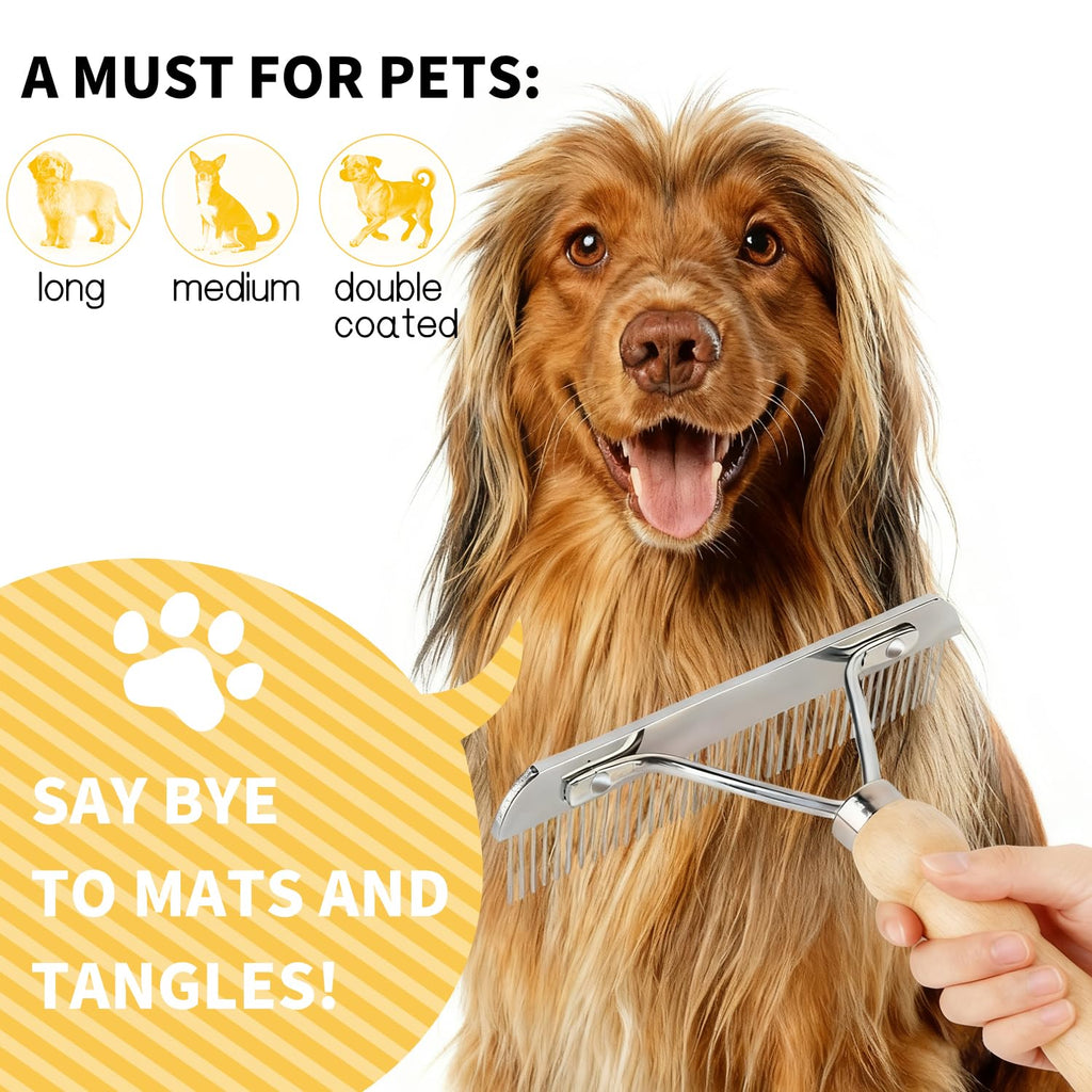 Undercoat Grooming Rake with Anti-Slip Wooden Handle, Steel Comb for Medium & Large Pets