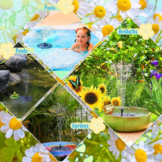 AMZtime Solar Fountain, 2025 Upgraded Solar Water Fountains with 6 Nozzles, Free Standing Floating Solar Powered Water Fountain Pump for Bird Bath, Garden, Pool, Pond and Outdoor