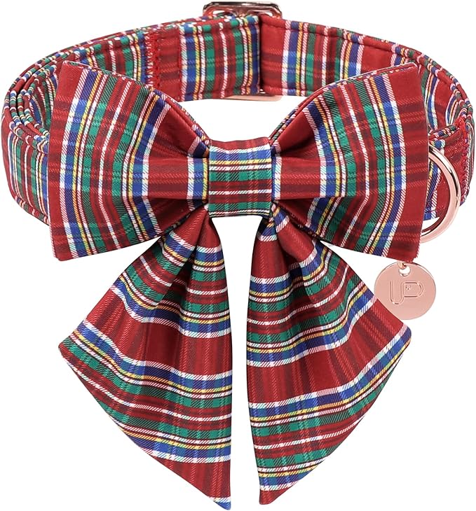 Christmas Plaid Dog Collar with Bow, Red and Blue Check Adjustable Pet Collar with Quick Release, Christmas Stripes Bowtie Collar for Small Medium Large Dogs M