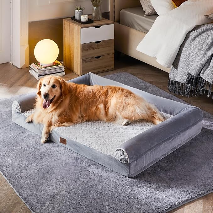 WNPETHOME Orthopedic Dog Beds for Extra Large Dogs, Waterproof Memory Foam XL Pet Bed with Sides, Non-Slip and Egg-Crate Foam Big Dog Couch Bed with Washable Removable Cover, Grey