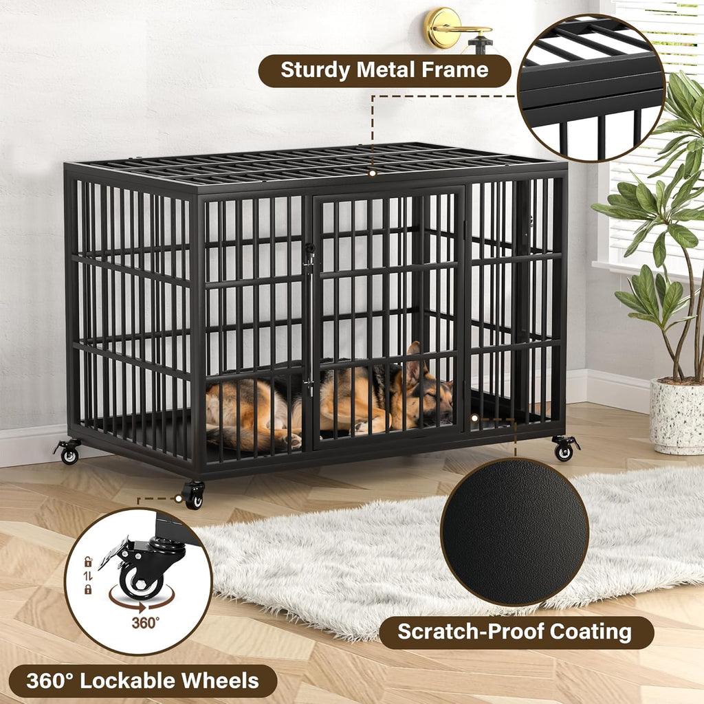VERIFURTY 48 Inch Heavy Duty Dog Crate for Large Dogs with Self-Locking Latch, Escape-Proof Steel Kennel Indoor, XL Large Double Door Metal Pet Cage with Wheels
