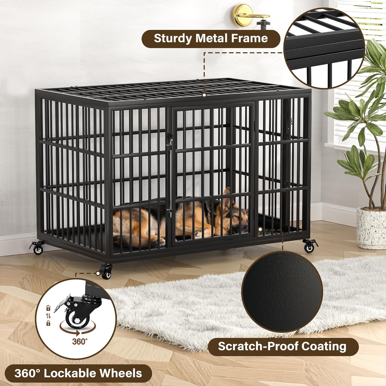 VERIFURTY 48 Inch Heavy Duty Dog Crate for Large Dogs with Self-Locking Latch, Escape-Proof Steel Kennel Indoor, XL Large Double Door Metal Pet Cage with Wheels