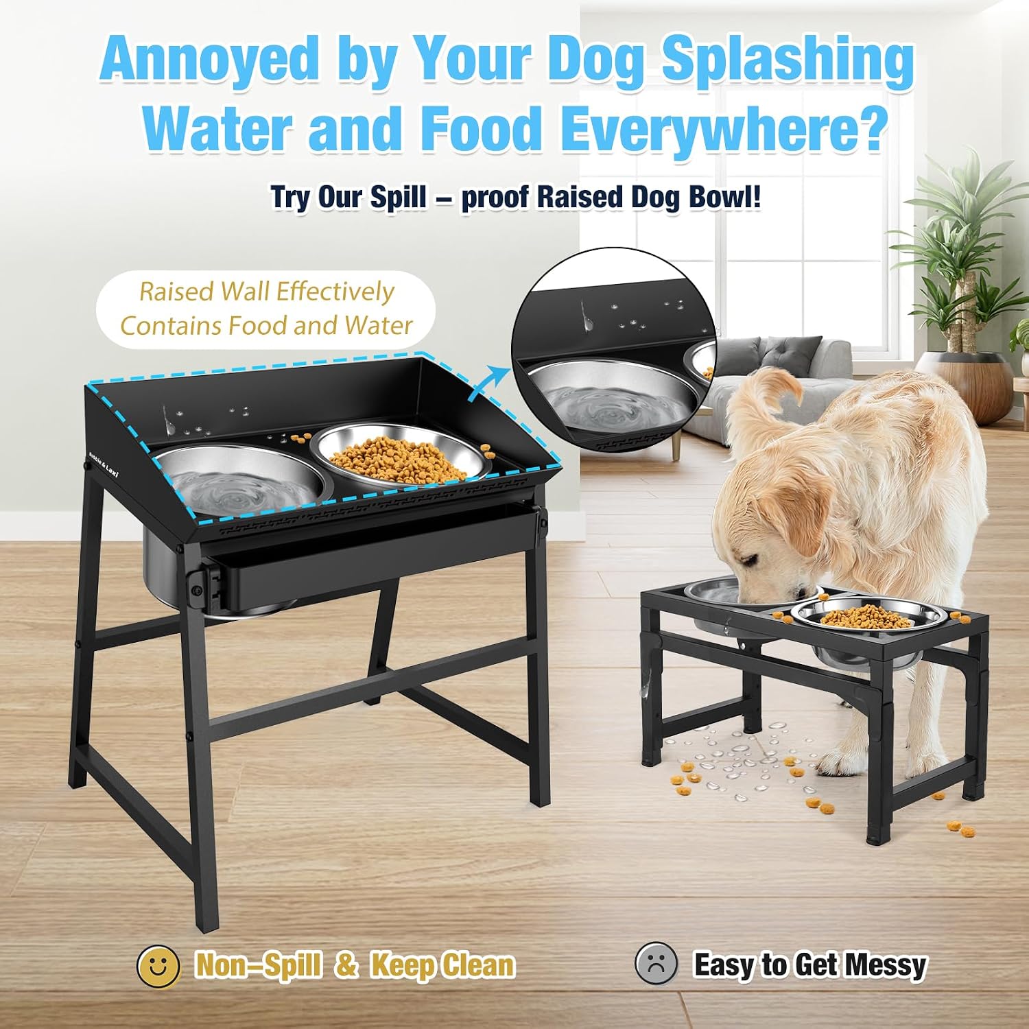 Bobbie & Laxi 15" Tilted Elevated Dog Bowl, Spill-Proof with Plastic Guard | Raised Dog Bowl with Stand;Stainless Steel Dog Food Bowl & Water Bowl Set with Raised Splash Wall;Easy Clean Large Dog Bowl