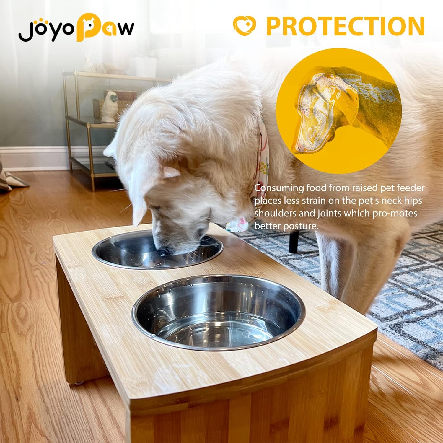 Elevated Dog Bowls, Bamboo Raised Dog Bowl for Large Dogs & Medium Dogs, with 2 Stainless Steel Bowls (10'' Tall–48 oz Bowl)