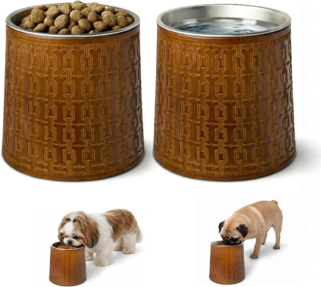 OtterPets Dog Bowls Elevated for Small Dogs, 6-Inch Bamboo Stands, Set of 2 | Includes 2 stainless steel bowls; raised food and water feeding station; raised dog bowl stands