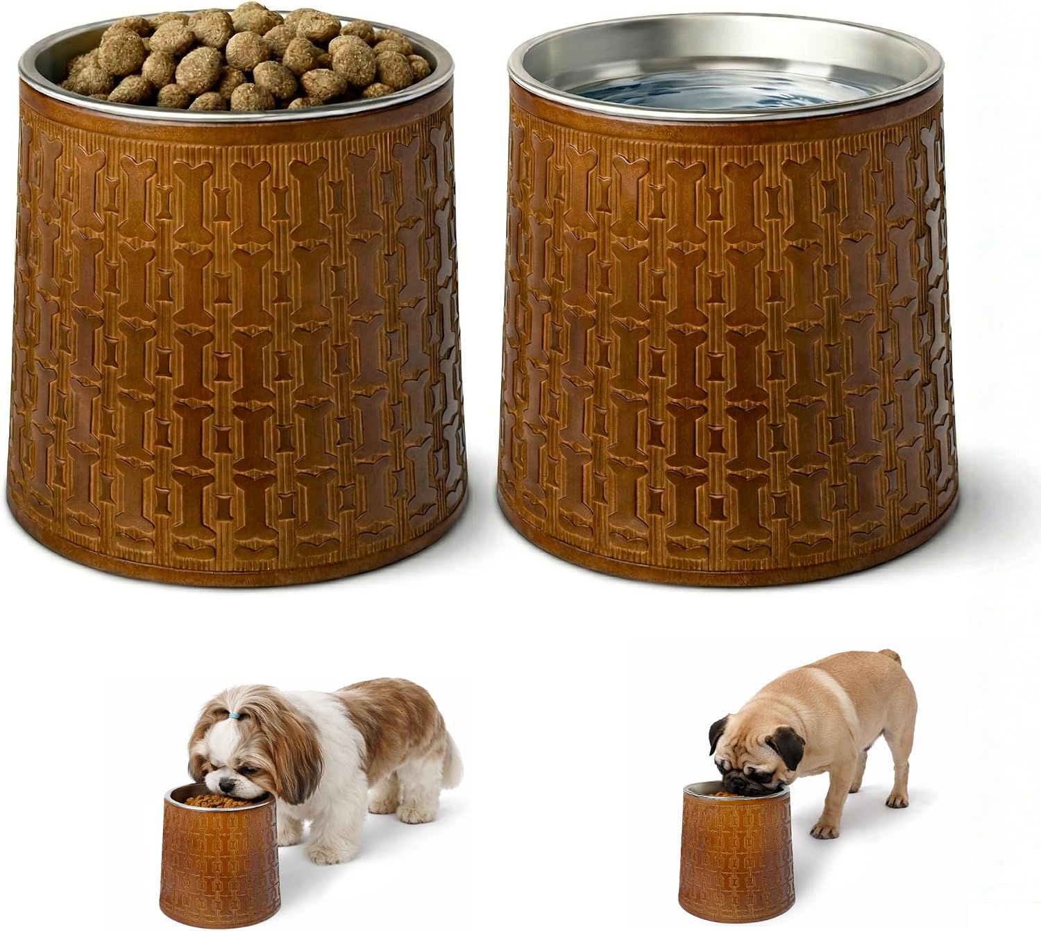 OtterPets Dog Bowls Elevated for Small Dogs, 6-Inch Bamboo Stands, Set of 2 | Includes 2 stainless steel bowls; raised food and water feeding station; raised dog bowl stands