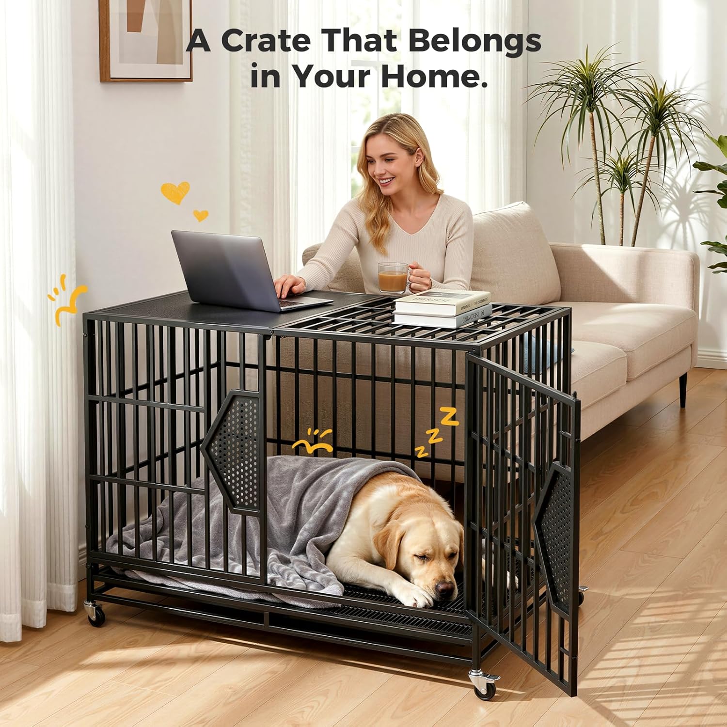 CAMMOO 48'' Heavy Duty Dog Crates for Large Dogs, Dog Kennel Indoor | For High Anxiety Dog, Escape-Proof Dual Top Fences, Reinforced Square Tube Frame, Easy-Clean Split Floor, Extra-Wide Door