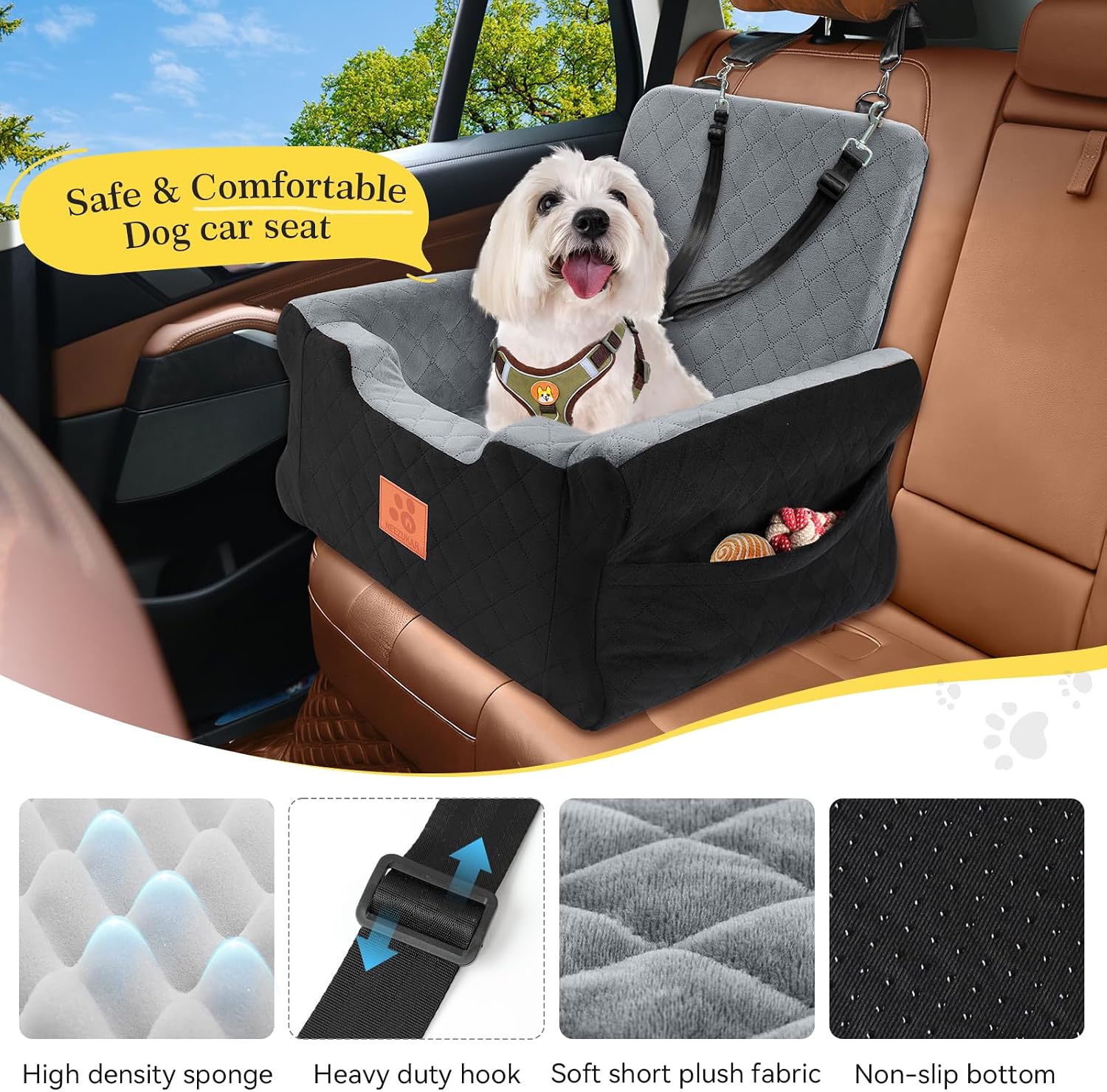 Dog Car Seat for Small Medium Dogs,Dog Booster Seat Under 35 lbs | Thick Cushion,Detachable Washable Pet Car Seat,Travel Dog Car Bed With Storage Pockets,2 Safety Belts