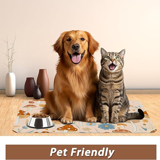 Cute Mushroom Flower Dog Cat Food Mat,Absorbent Pet Feeding Mat with Rubber Backing,Non-Slip Water Bowl Placemat,Indoor Pet Accessories Supplies 16"x24"
