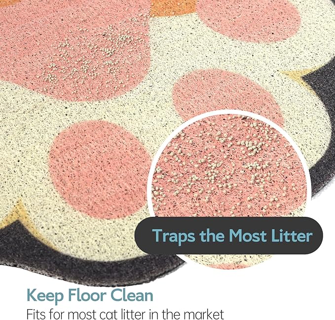 Cute Cat Litter Mat 24”x19”, Litter Box Mat, Litter Trapping Mat, Soft on Kitty Paws, Easy Clean, Anti Slip, Pet Accessories, Door Floor mats - Black Pink