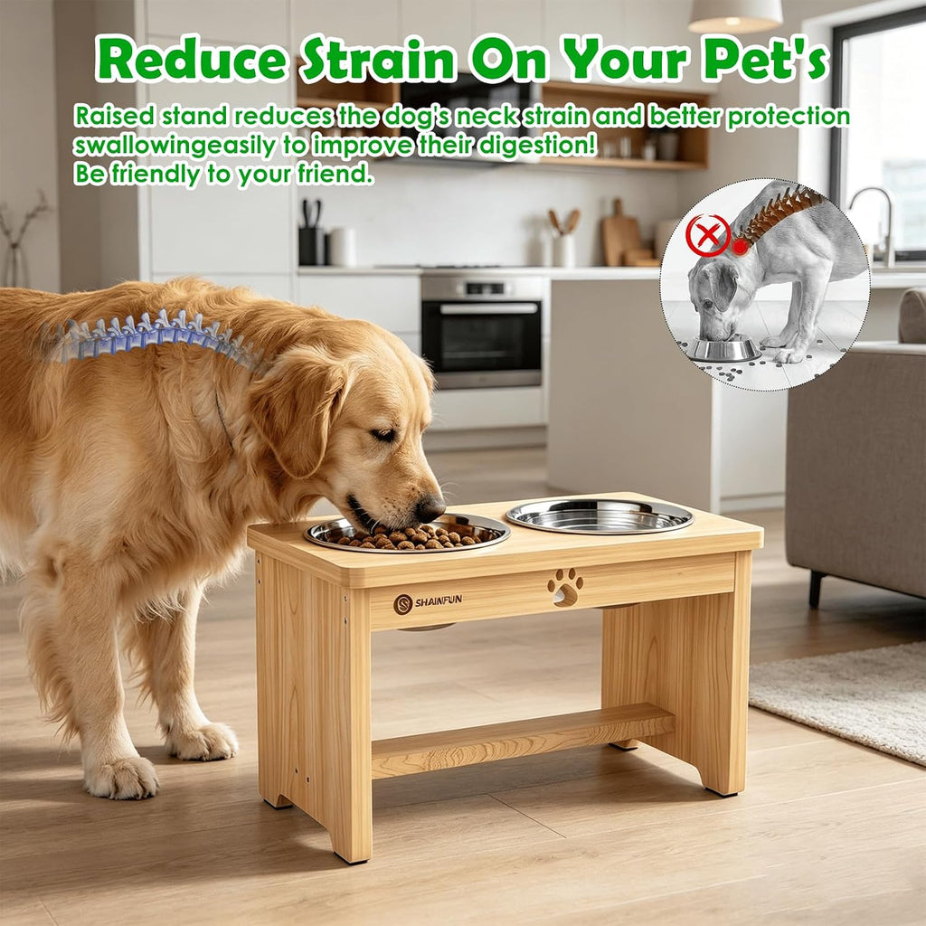 SHAINFUN Elevated Dog Bowls with Slow Feeder & Mat for Medium and Large Dogs, 10" Tall Wooden Raised Dog Bowl Stand, 2 Stainless Steel 58oz Bowls for Food & Water