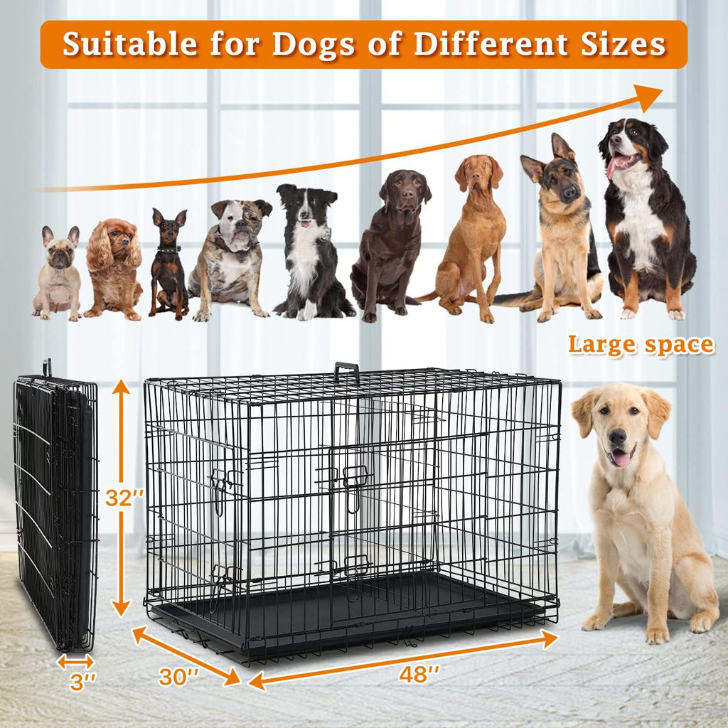 48 Inch Large Dog Crate Dog Kennel Cage Metal Wire Crates Pet Cages Double-Door Foldable Kennels with Handle and Plastic Tray Indoor&Outdoor,Black XXL