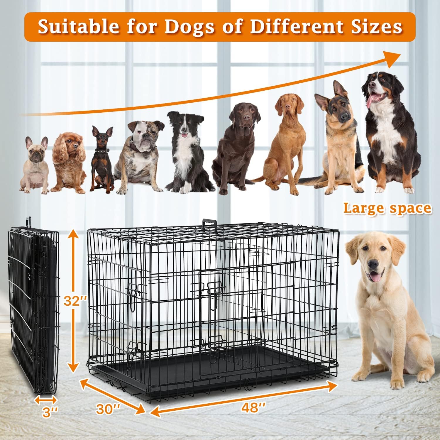 48 Inch Large Dog Crate Dog Kennel Cage Metal Wire Crates Pet Cages Double-Door Foldable Kennels with Handle and Plastic Tray Indoor&Outdoor,Black XXL