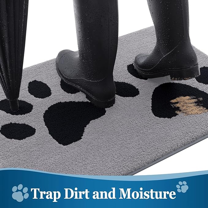 Buganda Dog Door Mat for Muddy Paws, Absorbent Dirt Trapper Washable Indoor Doormats, Non Slip Low-Profile Mud Mat for Dogs, Front Entrance Doormat for Inside Floor (59x35 Inches, Grey)