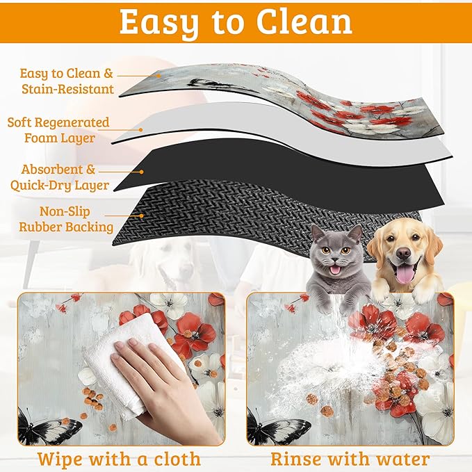 ButterflyFlowers Dog Cat Food Mat,Red White Absorbent Waterproof Placemat for Food and Water Non Slip Rubber Backing Durable Feeding Pad for Clean Floors 16" x 24"