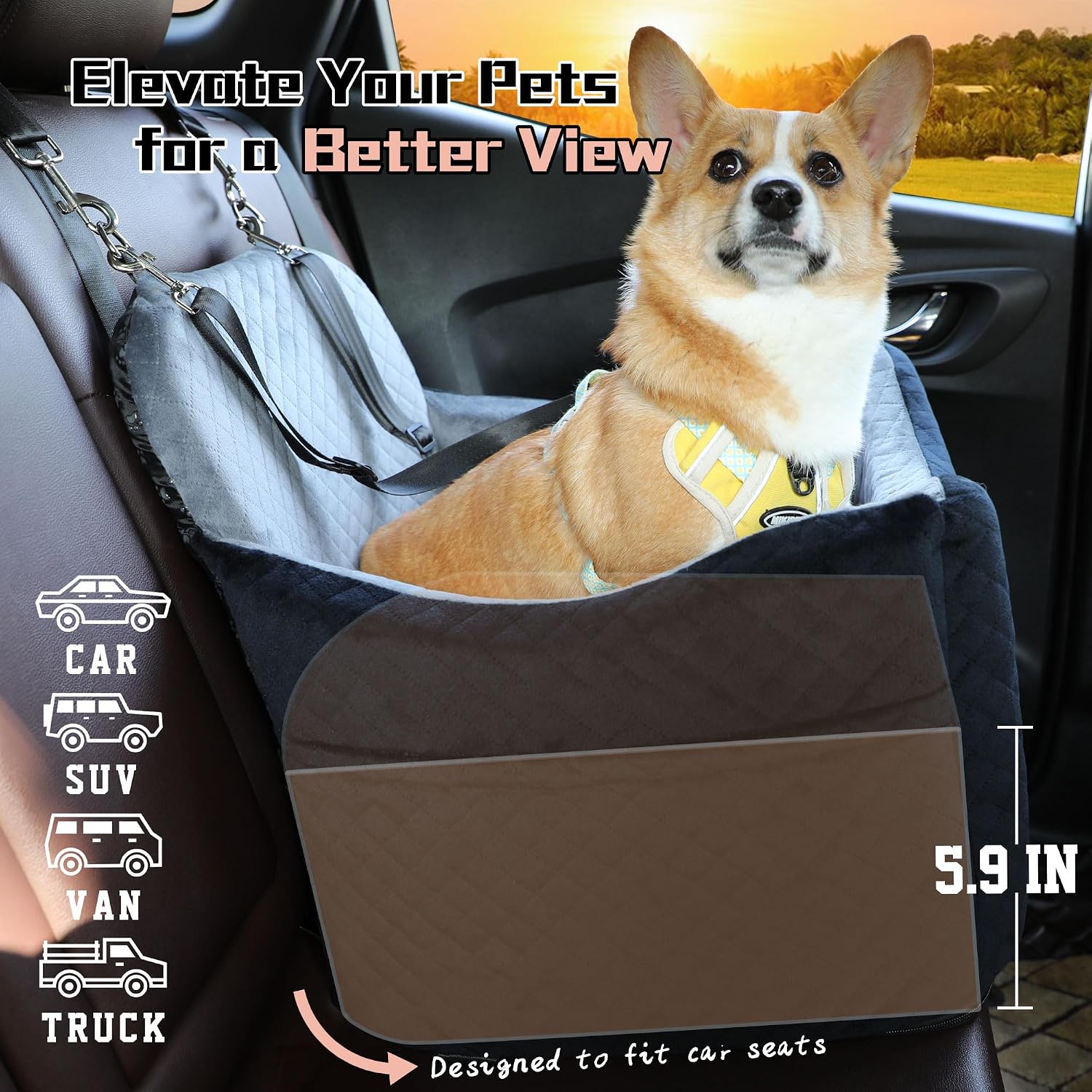 Dog Car Seat for Small Medium Dogs-Safety and Comfy Pet Booster Carseats with 2 Clip-On Satebelt & Storage Pockets,Washable and Detachable Puppy Car Seat for Dogs up to 30 lbs.(H-Black/Grey)