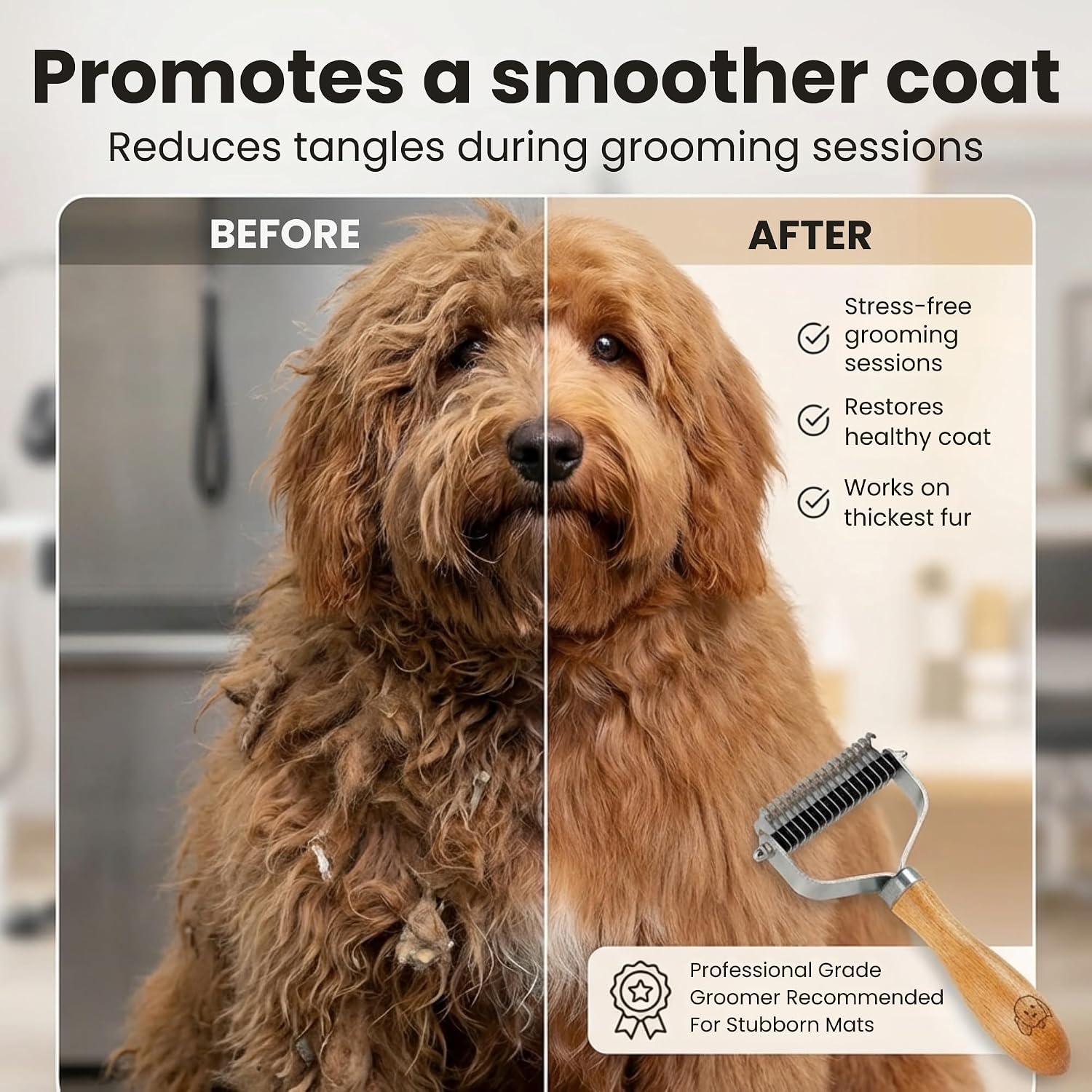 Dematting Comb for Dogs, Undercoat Rake Grooming Tool For Matted Pet Hair | Best Dematting Brush For Doodles & Poodles, Detangling De Matted Hair, Tool For Removing Shedding Fur, Cat Deshedder Brushes