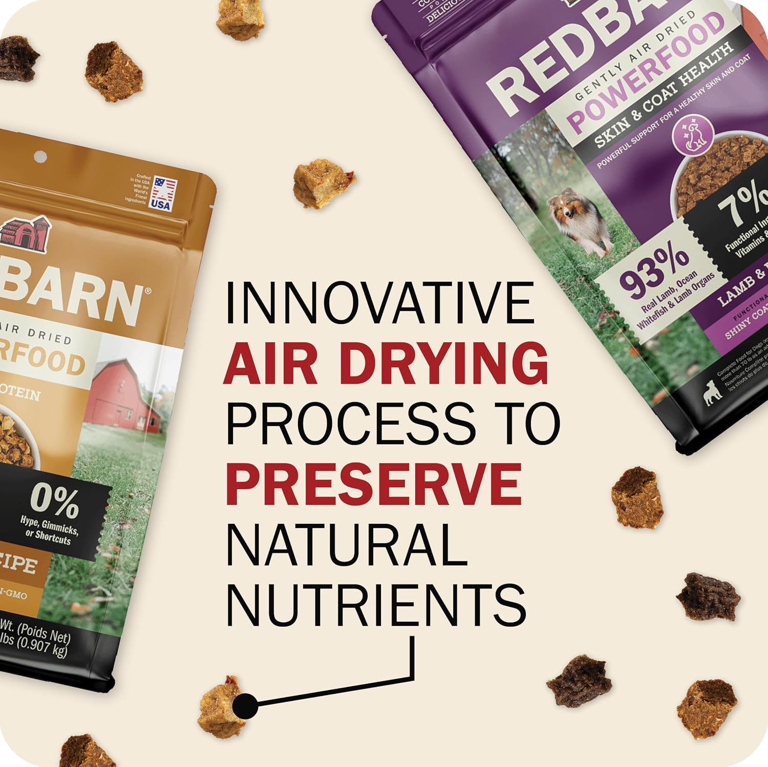 Redbarn Powerfood Air Dried Dog Food 2 lbs High Protein Beef and Lamb with Prebiotics Postbiotics for Digestive Health Wholesome Pet Food Complete Meal Made in USA