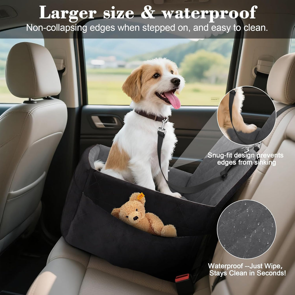 Dog Car Seat for Small/Medium Dogs,Pet Dog Booster Car Seat Puppy 15-35 lbs with Soft 4+2in Detachable Pads Detachable Elevated Cushion and Washable Cover Safety Belt Storage Pockets Easy to Install