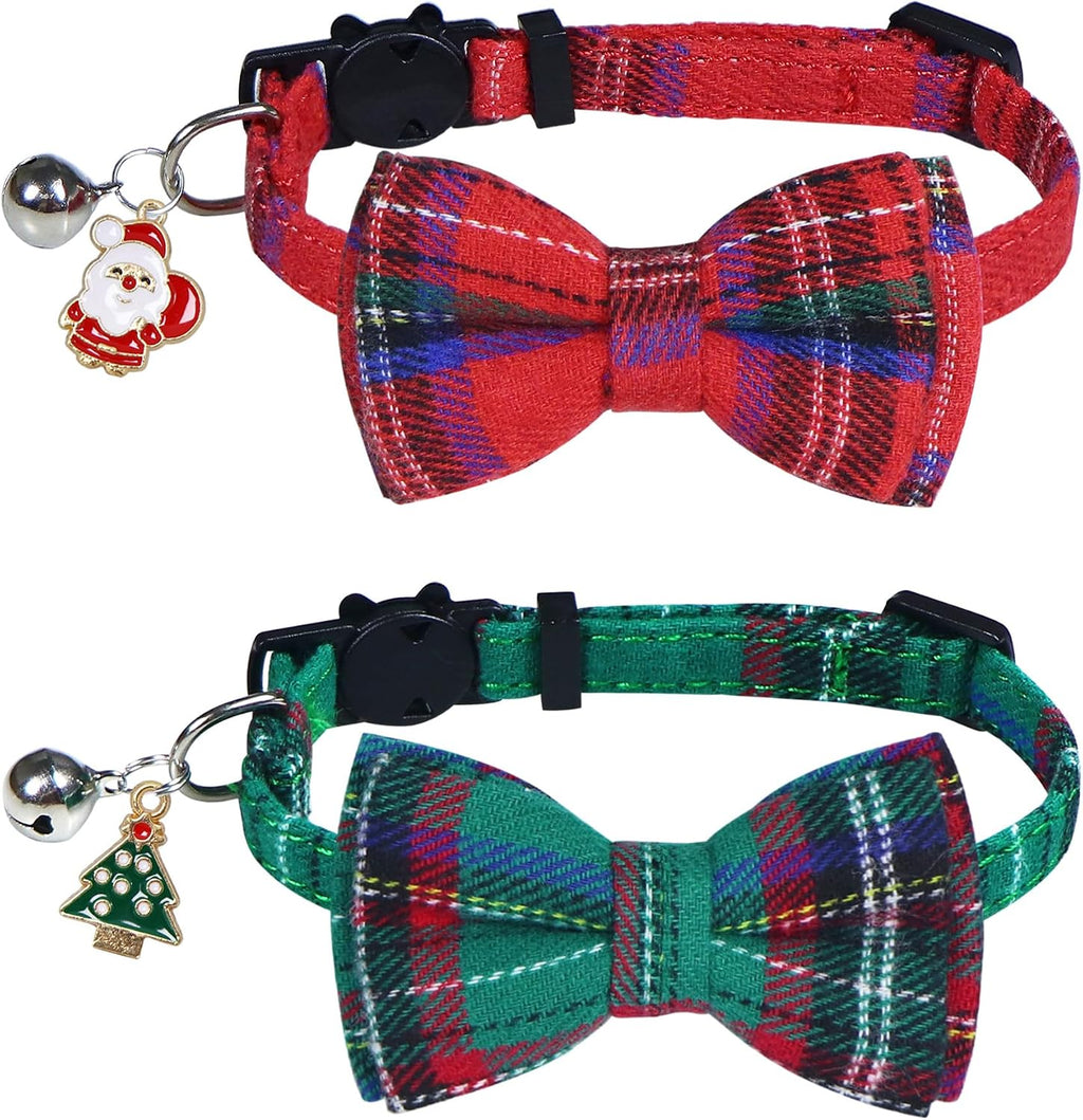 STMK 2 Pack Christmas Cat Collars With Bell, Breakaway Holiday Kitten Collars With Bowtie, Santa Tree for Cats Costumes Outfits (Red and Green)