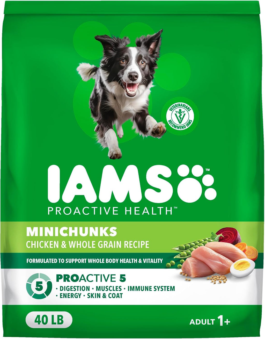 IAMS Proactive Health Adult Minichunks Dry Dog Food, Chicken, 40 lb | Real chicken #1 ingredient, no fillers, natural fiber & prebiotics, Omega-6 fatty acids, antioxidants for immune support