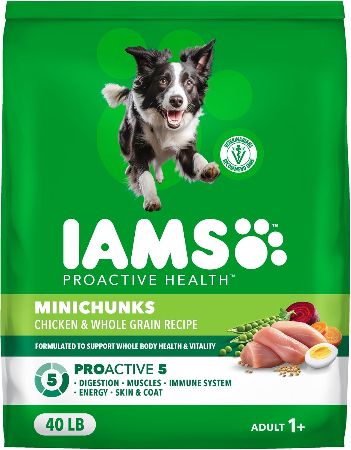 IAMS Proactive Health Adult Minichunks Dry Dog Food, Chicken, 40 lb | Real chicken #1 ingredient, no fillers, natural fiber & prebiotics, Omega-6 fatty acids, antioxidants for immune support