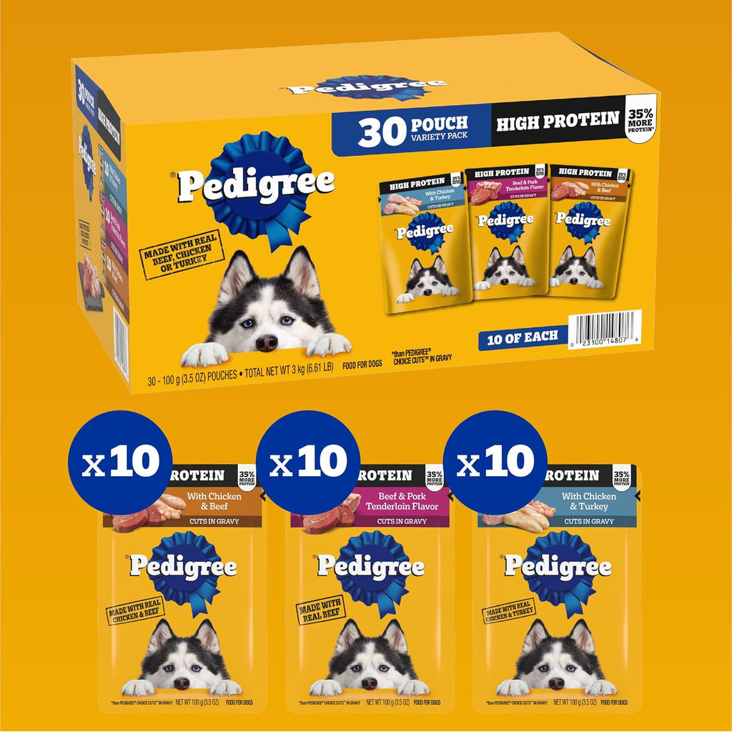 Pedigree High Protein Wet Dog Food Pouches, Variety Pack, 3.5 oz, 30 Count | 35% more protein than Choice Cuts in Gravy, real beef/chicken/turkey, steam cooked, 100% complete & balanced