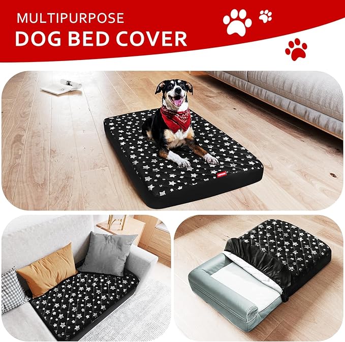 Waterproof Dog Bed Covers Replacement Washable Pet Hair Easy to Remove, Noiseless Quilted Puppy Pet Bed Cover Lovely Black Star Print 29x41 Inches, for Dog/Cat, Cover Only