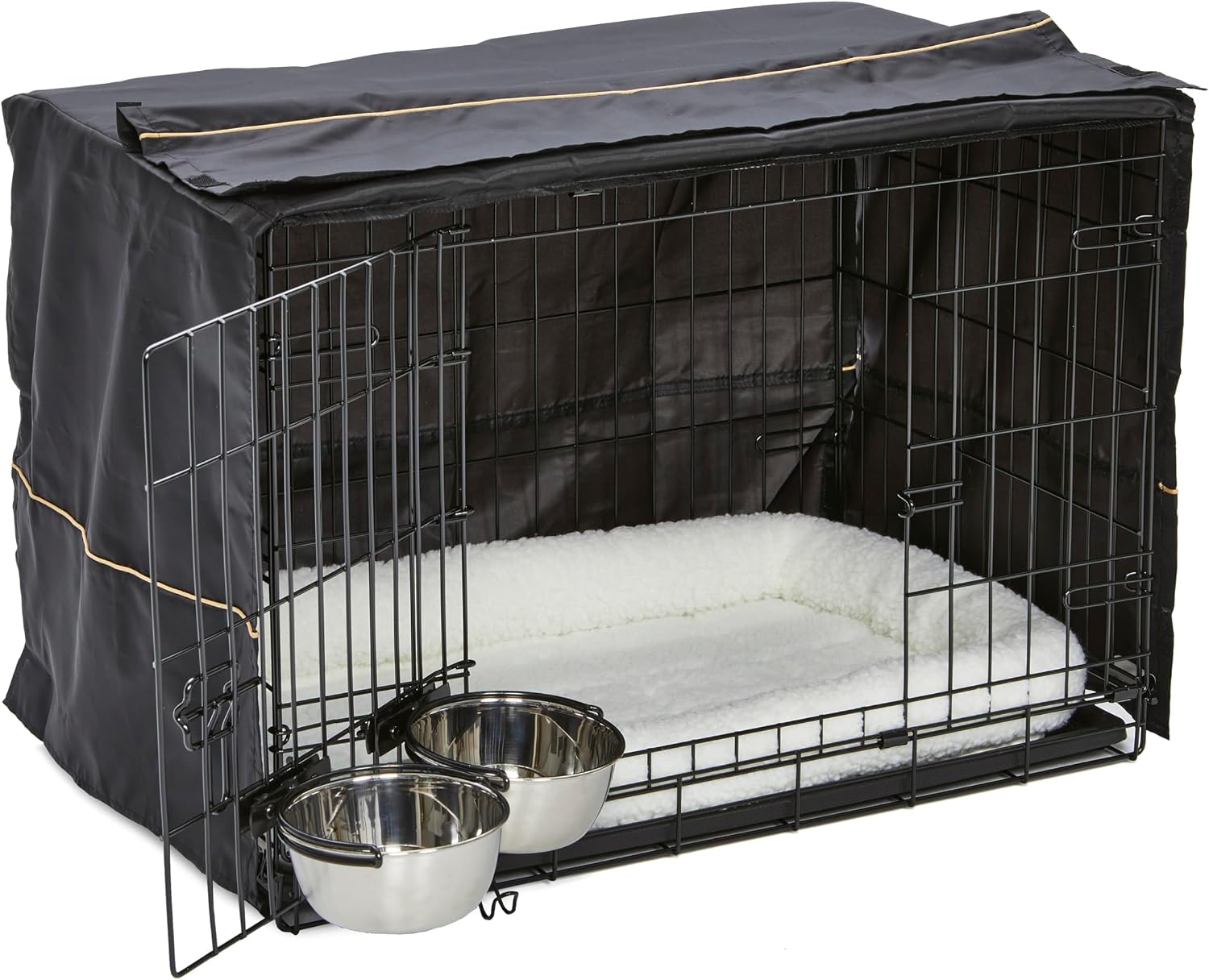 MidWest Homes for Pets Double Door iCrate Starter Kit, 30-inch Dog Crate Bundle for Medium Breeds, Includes Cage, Pet Bed, 2 Bowls and Privacy Cover