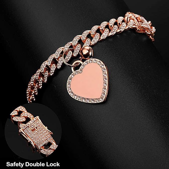 Hillban Dog Chain Gold-Plated Diamond Collar with Heart Rhinestones Jewelry Pet ID Tag Chain Bling Puppy Collar with Personalized Name Tag for Small Medium Large Dog Cat(Rose Gold,14 Inch)