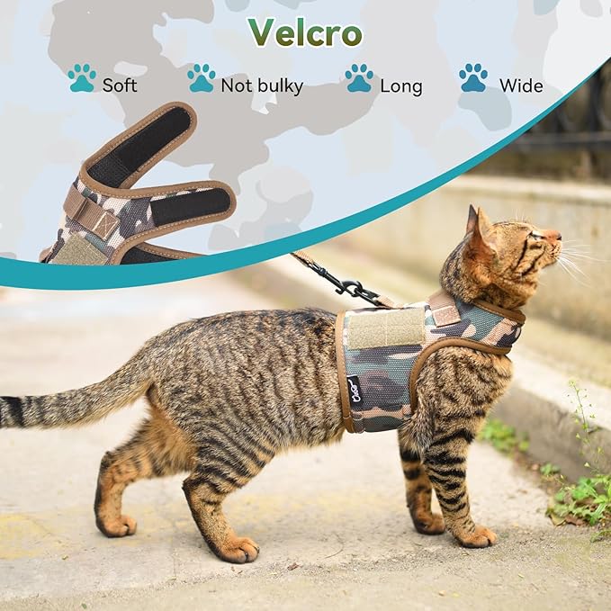 Tactical Cat Harness and Leash for Walking Escape Proof Breathable Mesh Fabric, Green Jungle Camo, Large, Adjustable Cat Walking Jackets, Padded Stylish Cat Vest