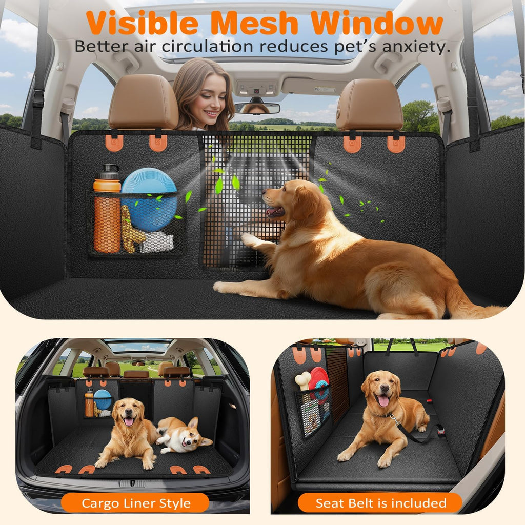 URPOWER PU Leather Hard Bottom Dog Car Seat Cover, Back Seat Extender | 500 lbs Support, 45% More Space, Waterproof, Scratch Resistant, Non-Slip, Mesh Window, Easy Care, Dog Seat Belt Included