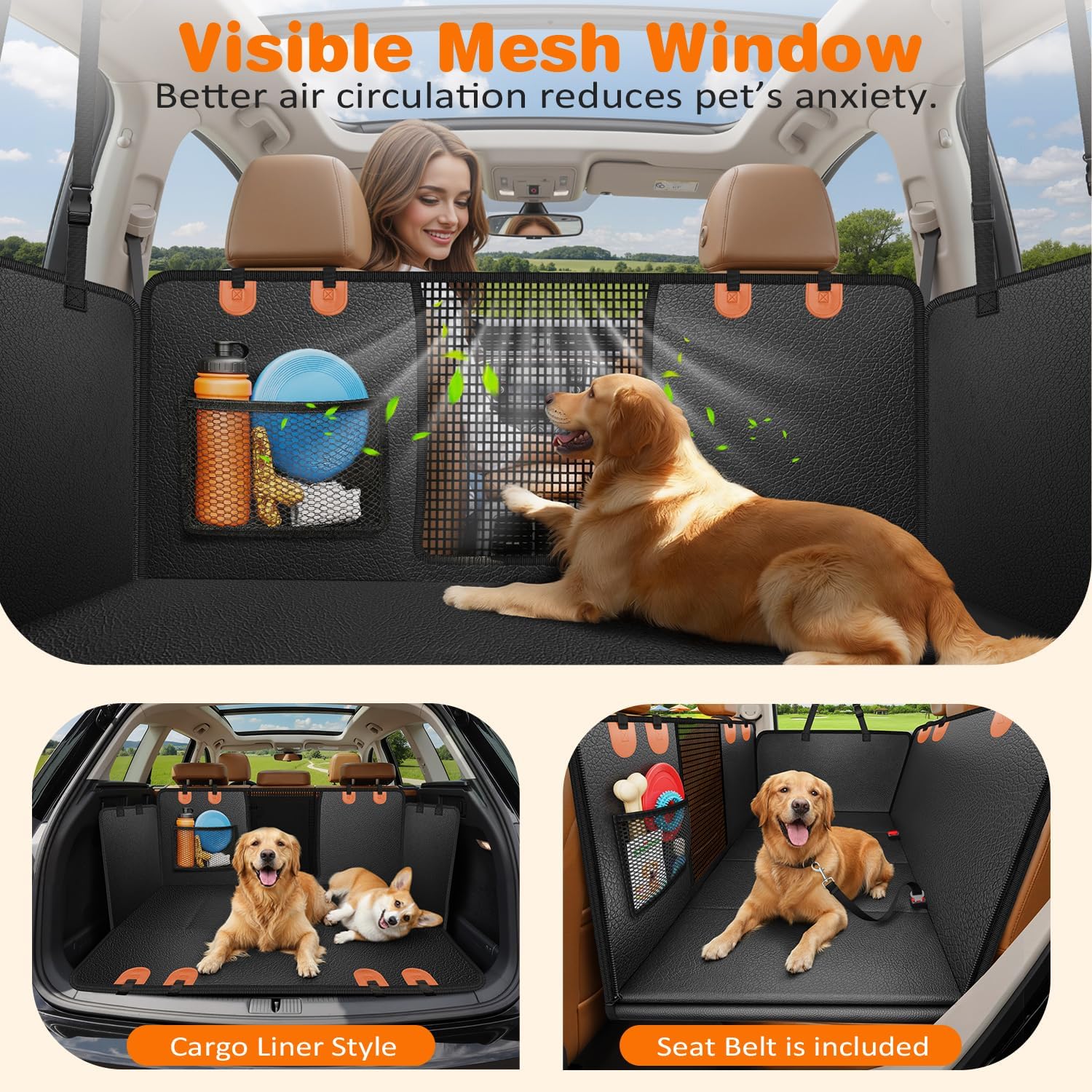 URPOWER PU Leather Hard Bottom Dog Car Seat Cover, Back Seat Extender | 500 lbs Support, 45% More Space, Waterproof, Scratch Resistant, Non-Slip, Mesh Window, Easy Care, Dog Seat Belt Included