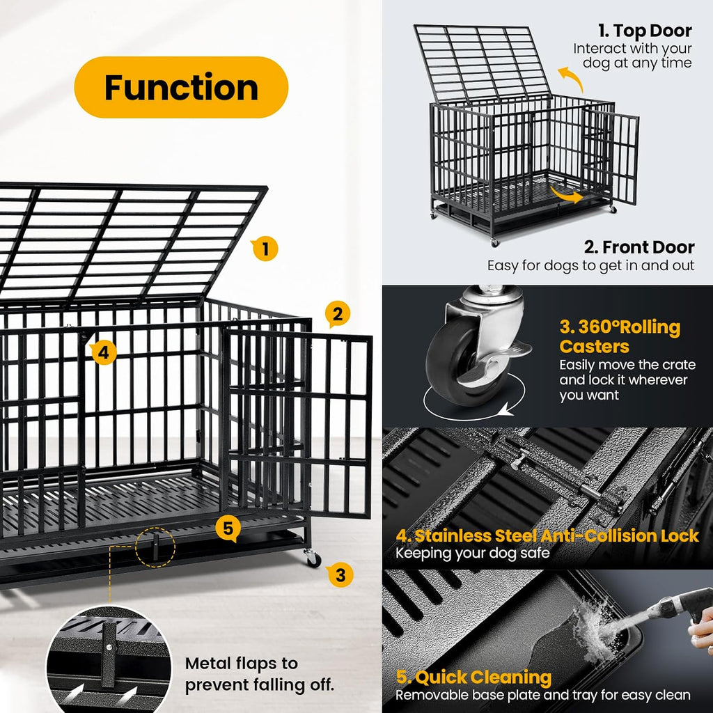 WOKEEN 48 inch Thick Flat Tube Heavy Duty Dog Crate Cage Kennel with Wheels, Crate for Large Dogs with Upgrade Tray, Double Door and Sturdy Locks for High Anxiety Dogs, Indestructible Dog Crate BLACK