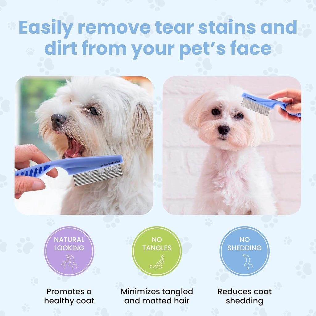 Tick & Flea Comb For Dogs, Fine Tooth Dog Face Brush For Tear Stains 2 PACK | Fine Tooth Metal Flea Comb for Dogs, Removes Lice, Ticks & Fleas Around Eyes, Face & Body, For Poodles, Doodles, Cats, Pets